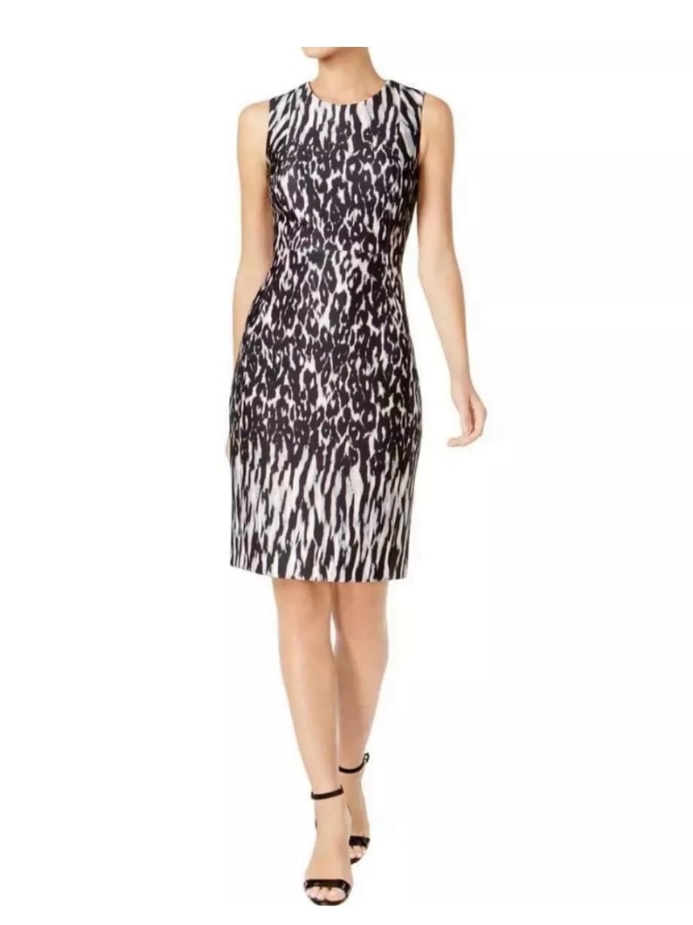 Calvin Klein Black and White Animal-Print Sleeveless Sheath Dress